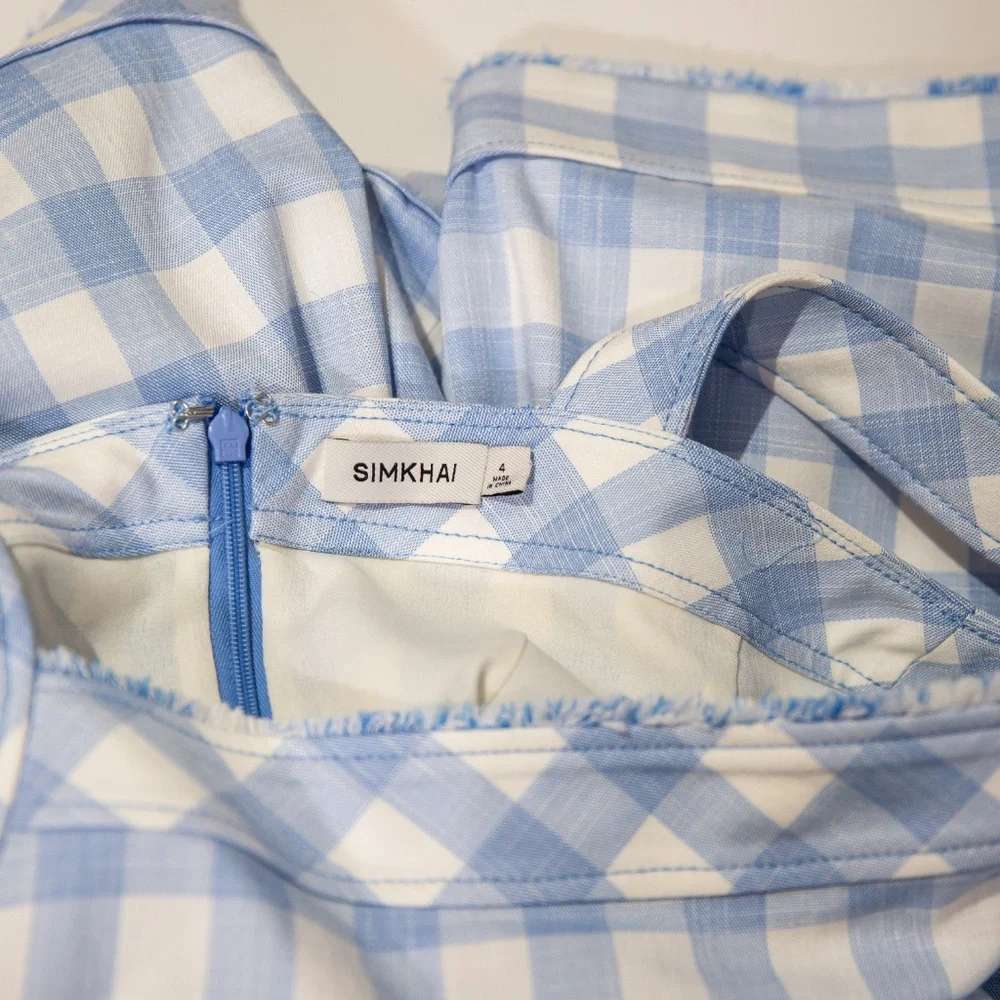 Simkhai Hannalie Blue Hydrangea White Gingham Check Plaid Fit Flare Mini Dress 4 - Picture 2 of 4